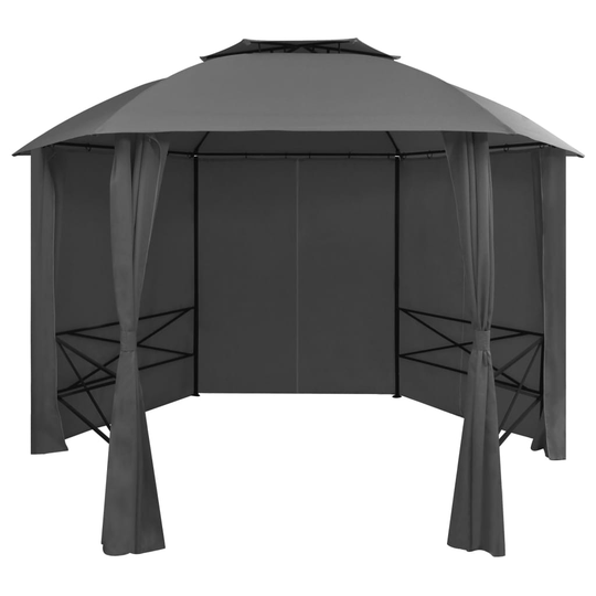 vidaXL Puutarhakatos huvimaja verhoilla kuusikulmio 360x265 cm